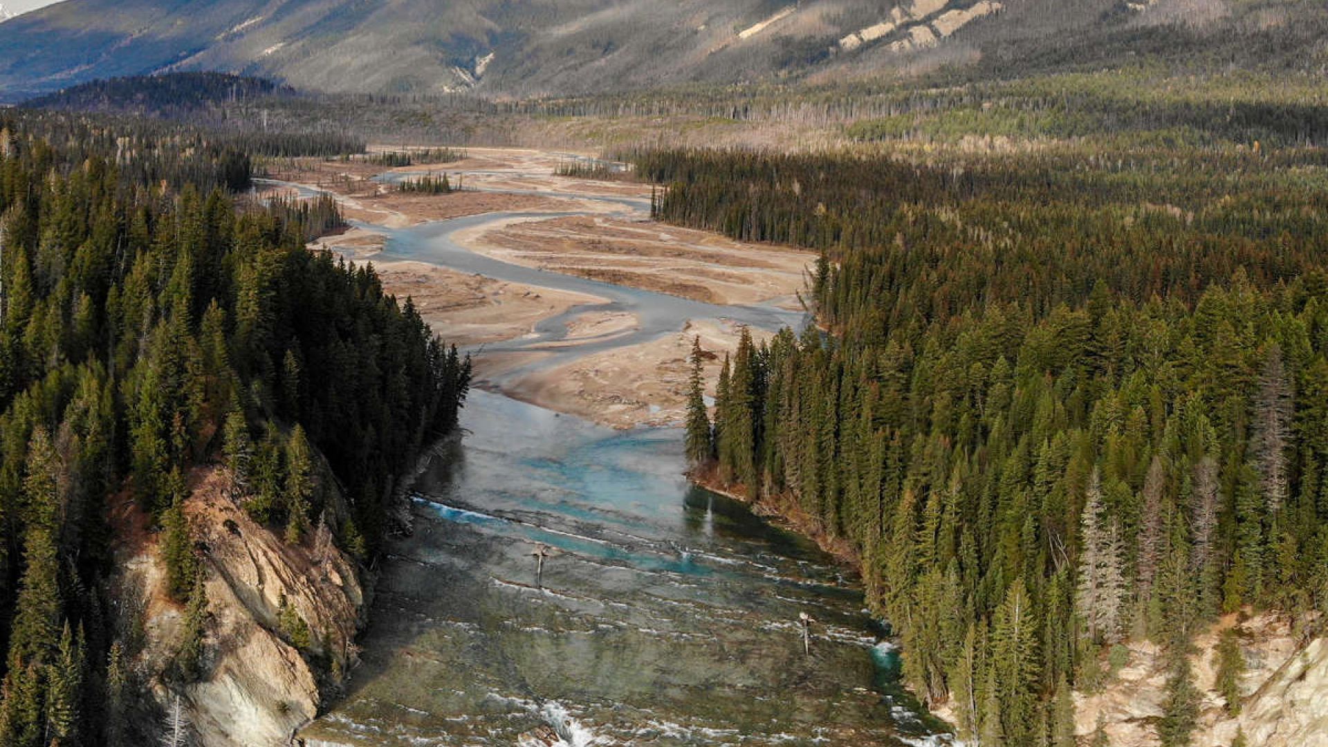 Aerial view of Wapta Falls flowing form the Kicking Horse River, with mountains in the background.