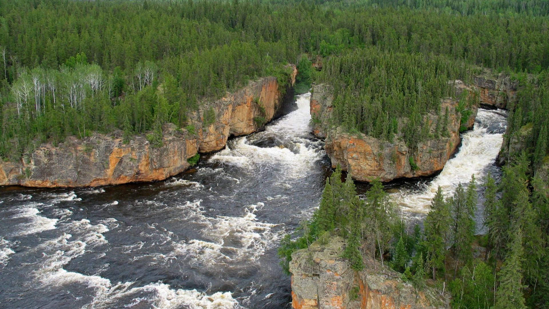 Aerial view of the rapids in Skull Canyon on the Clearwater River. 