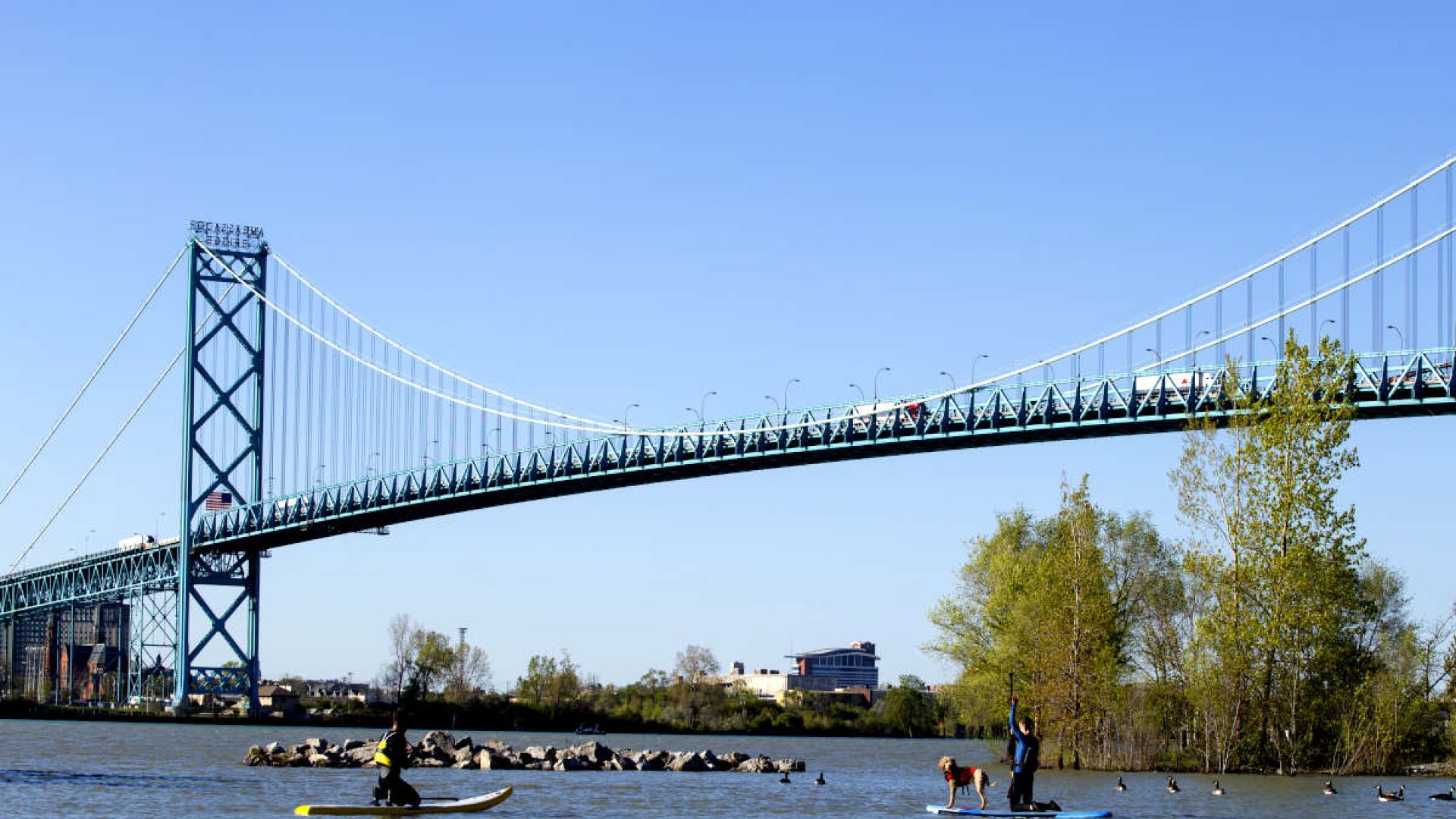 Paddlers on the Detroit River in the foreground of a bridge.